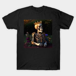 Skeleton in garden with golden crown happy T-Shirt